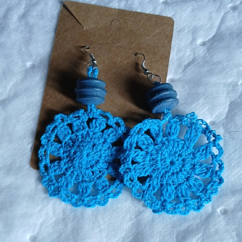 Handmade Bright Blue Crochet Disk Dangle Earrings